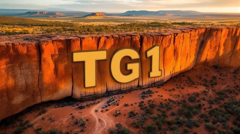 Techgen Metals Ltd-TG1-TG1 carved into a desert cliff.