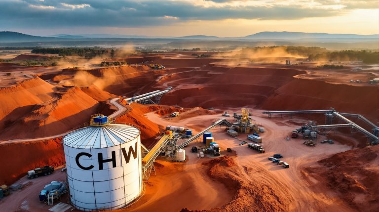 Chilwa Minerals Ltd-CHW-Mining operation with storage tank at sunset.