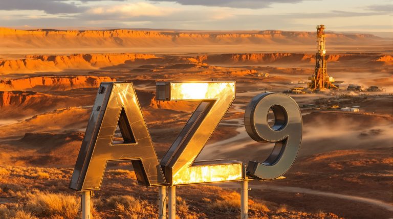 Asianbatterymet Plc Chess Depositary Interests 1:1-AZ9-AZ9 sign in desert landscape at sunset.