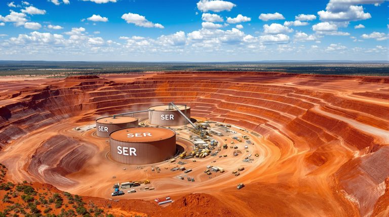 Strategic Energy Resources Ltd-SER-Open-pit mine with large storage tanks.