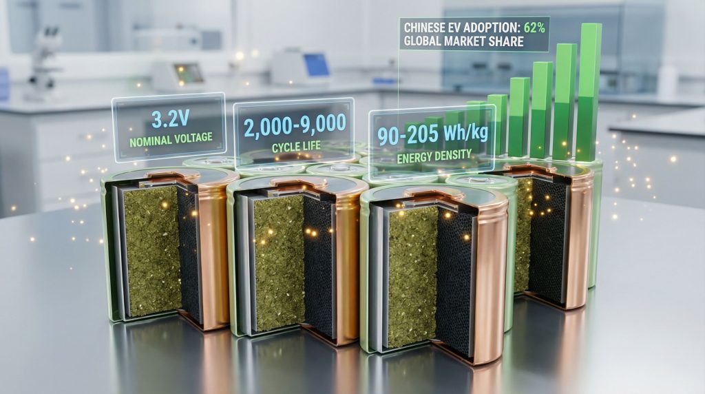Lithium iron phosphate batteries efficiency infographic.