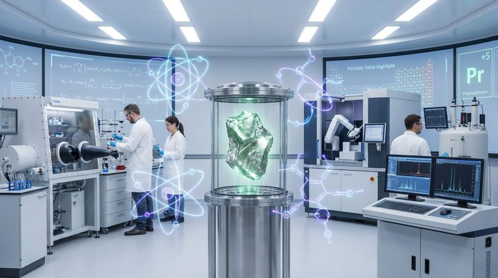 Laboratory scene highlighting praseodymium oxidation state +5.