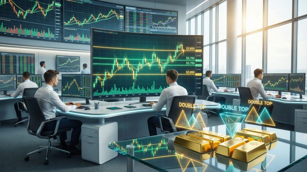 Traders analyzing gold resistance levels on monitors.