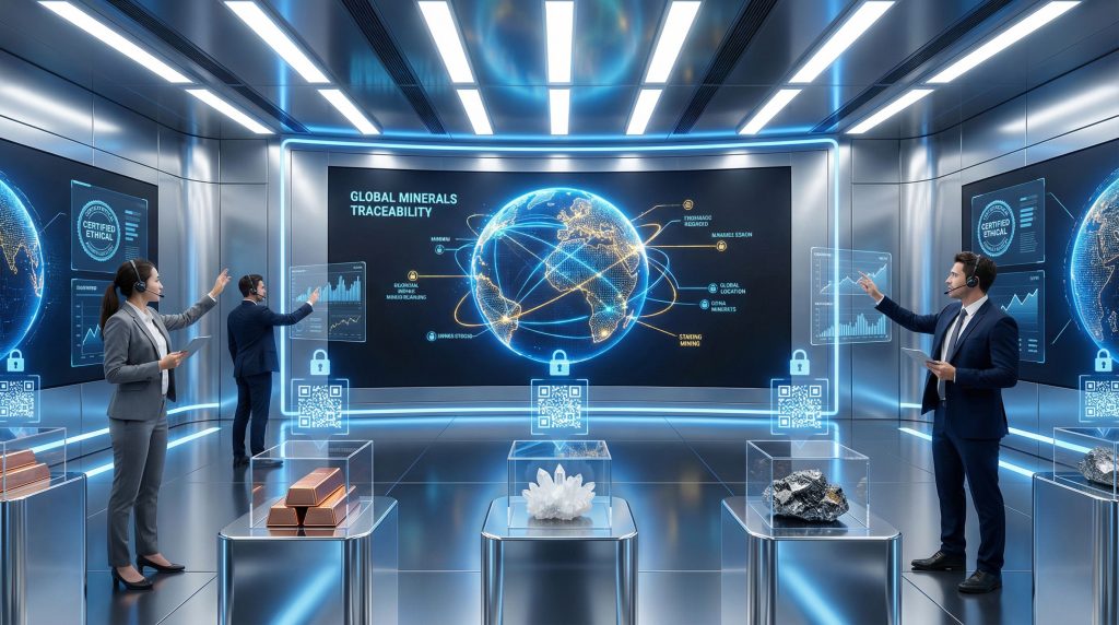 Futuristic room discussing global minerals traceability.