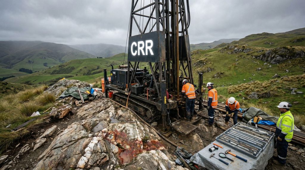 Critical Resources Ltd-CRR-CRR workers operate drilling rig in mountains.