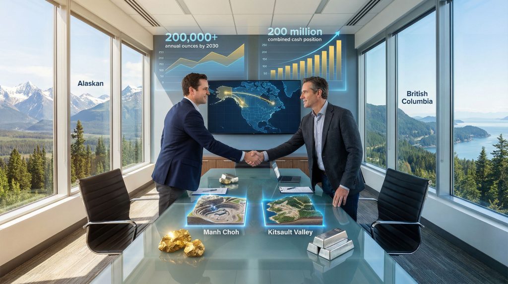 Executives handshake symbolizing Dolly Varden and Contango Ore merger.