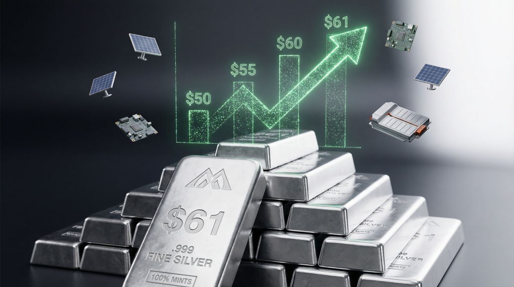 Silver breakout at $61 amid rising demand.