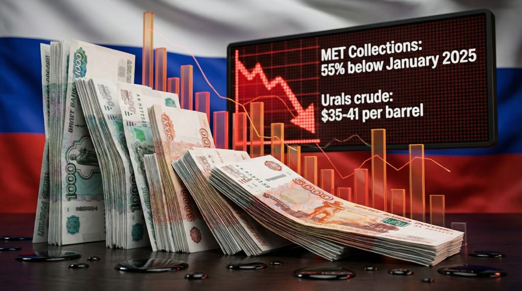 Russia Faces Sharp Drop in Oil Revenue: Roubles, declining chart, Russian flag.