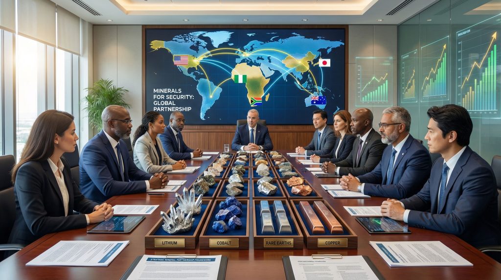 Executives discussing minerals-for-security agreement.