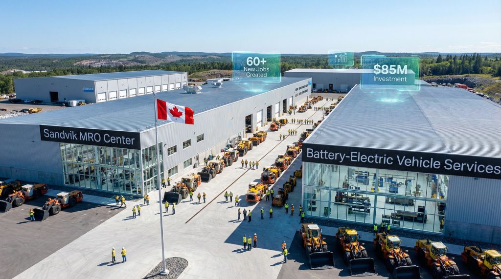 Sandvik Sudbury facility expansion with vehicles.