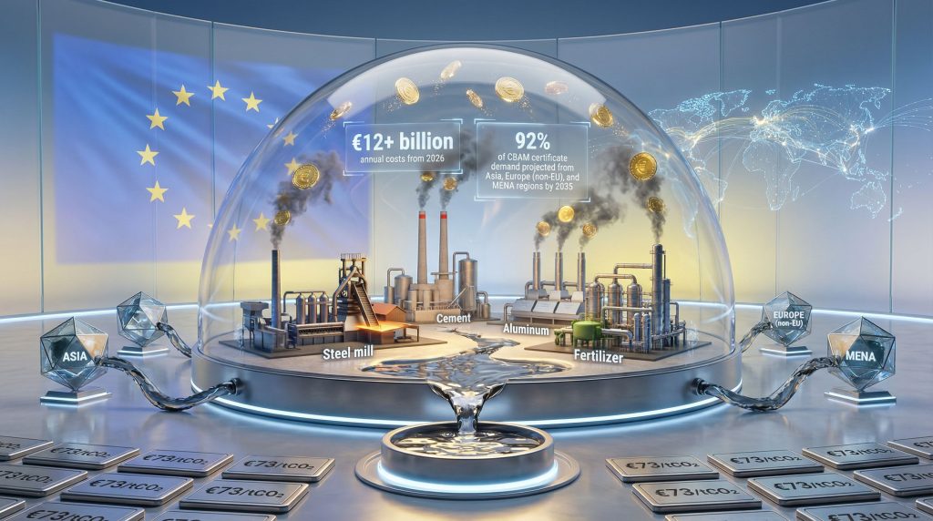 EU Carbon Border Adjustment Mechanism illustration with factories.