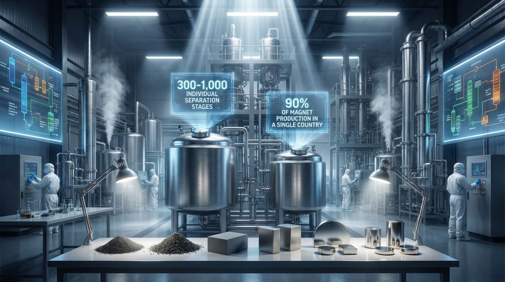 Industrial facility illustrating rare earth magnet processing bottleneck.