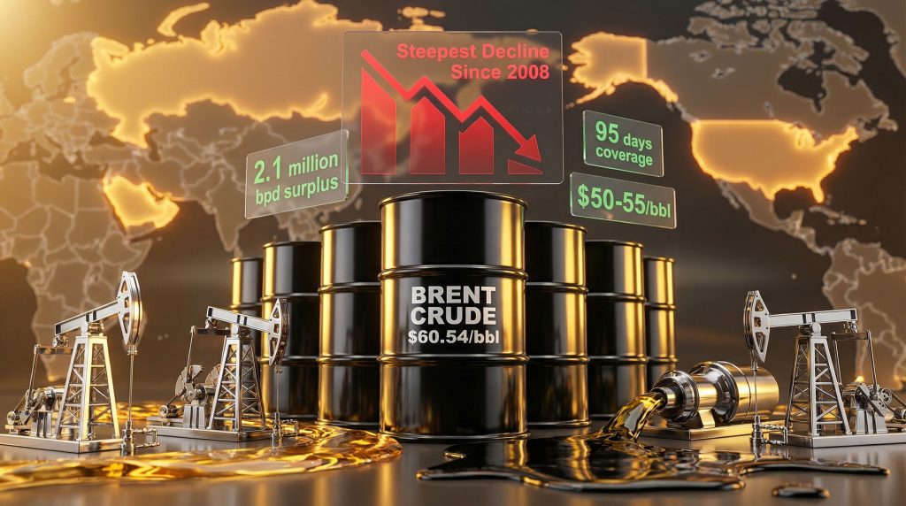 Brent crude price drop illustration with barrels.