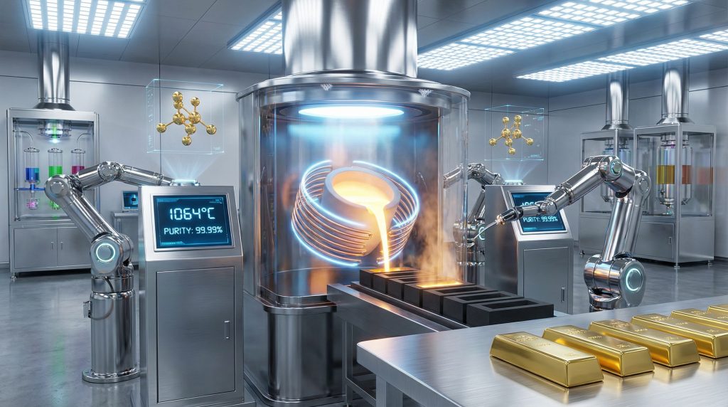 Robotic arms enhance gold smelting process.