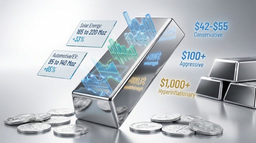 Silver bars and coins with price predictions.