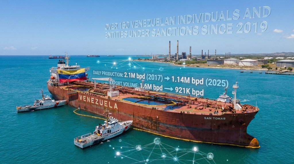 Venezuelan oil exports declined due to sanctions.