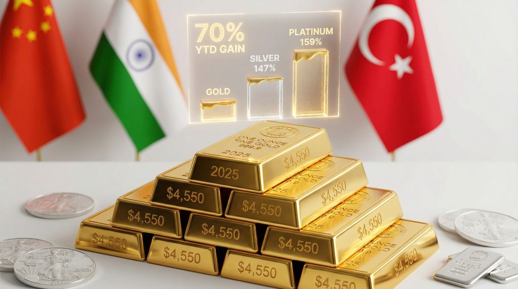 Gold hits all-time highs, bars stacked.