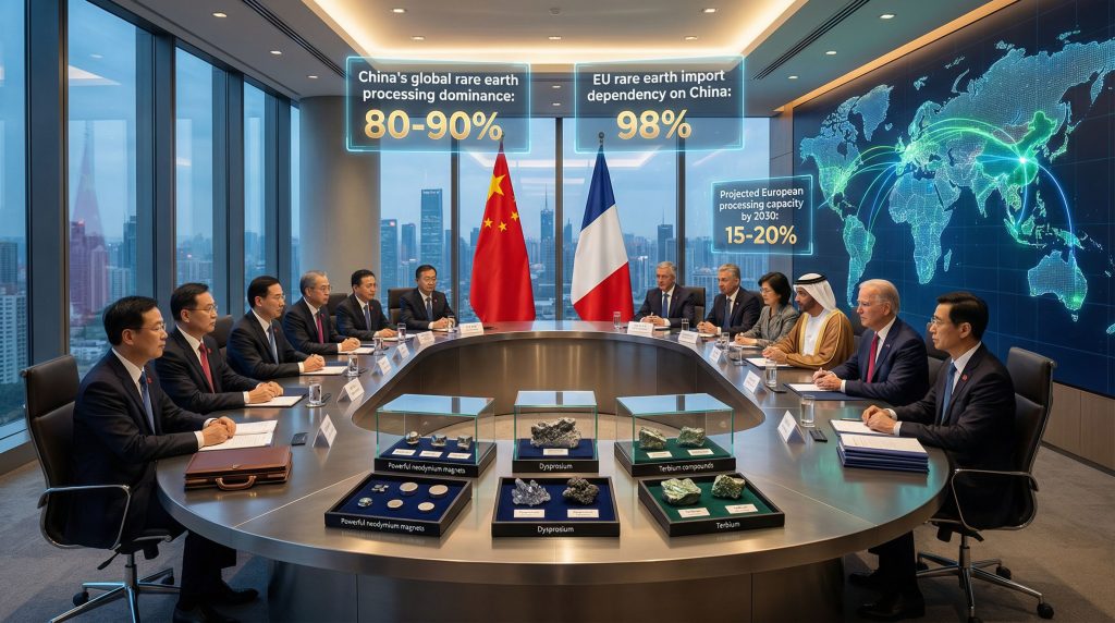 Sino-French rare earth diplomacy meeting room discussion.