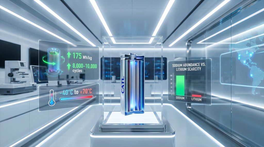 Futuristic lab showcasing CATL sodium-ion battery upgrade.