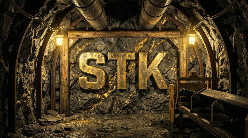Strickland Metals Ltd-STK-STK letters in a dimly lit mine.