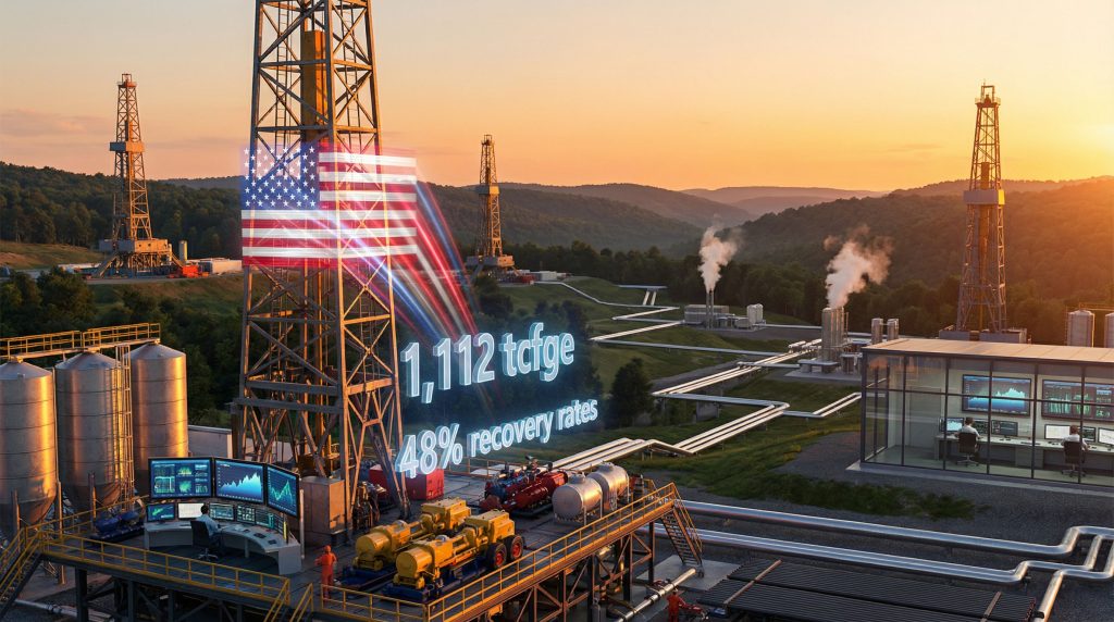 Marcellus shale expansion with drilling rigs.