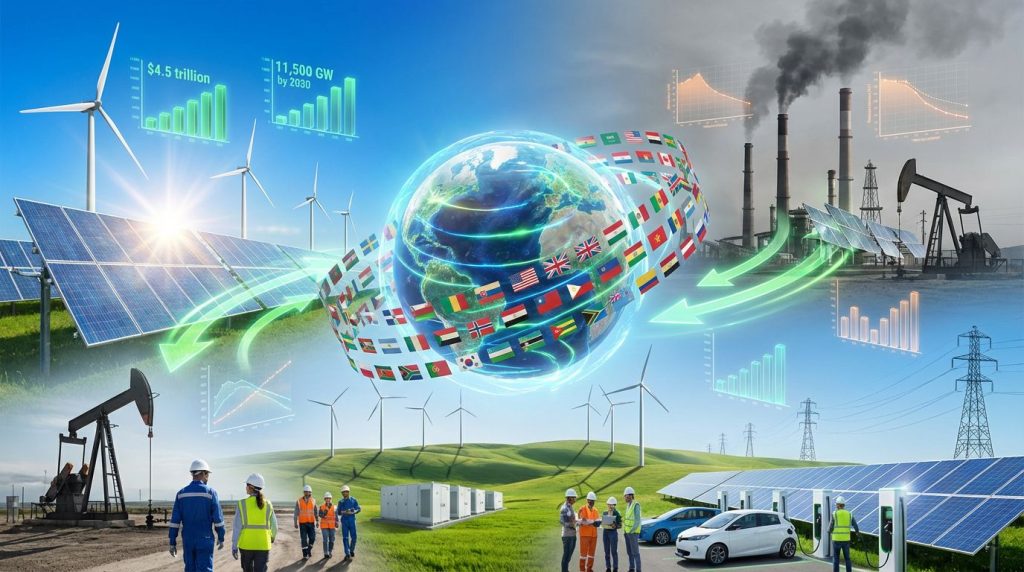 Global transition away from fossil fuels illustrated.
