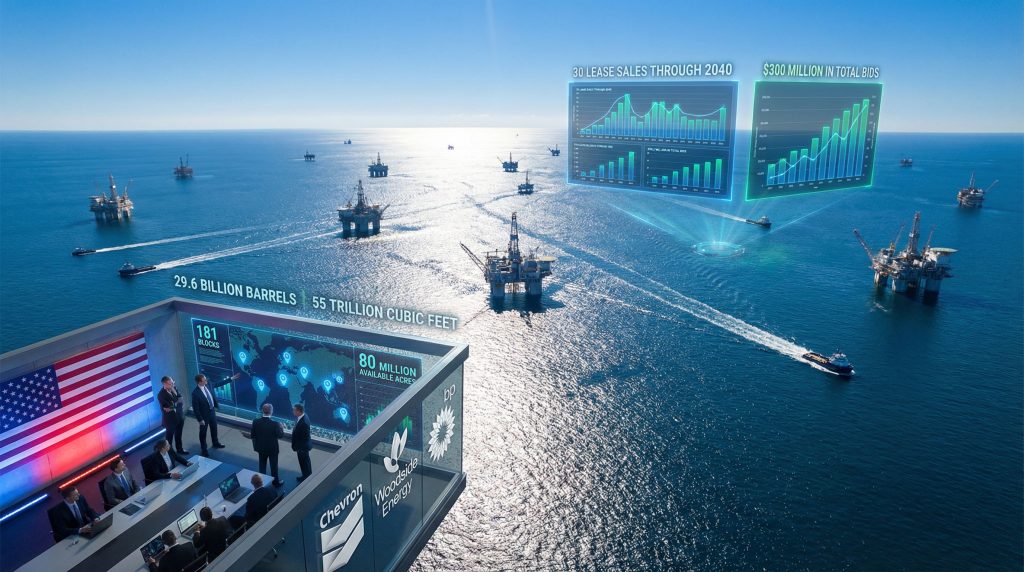 Offshore oil platforms and data visualizations.