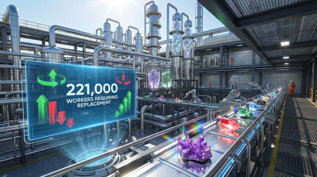 Industrial scene highlighting rare earth workforce shortage.