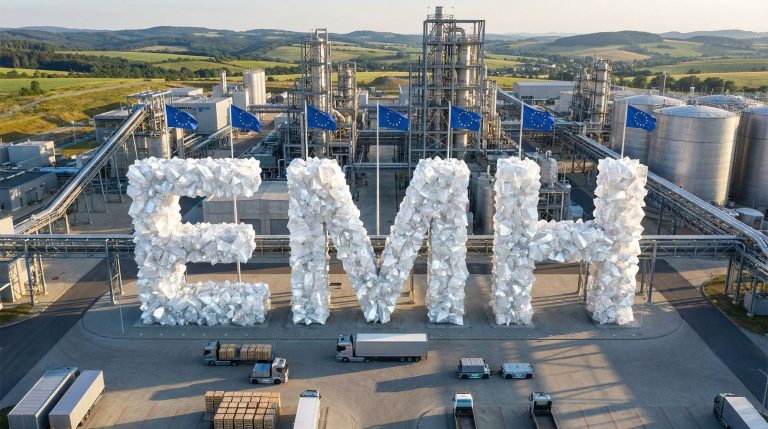 European Metals Holdings Ltd-EMH-Factory adorned with giant EMH letters.
