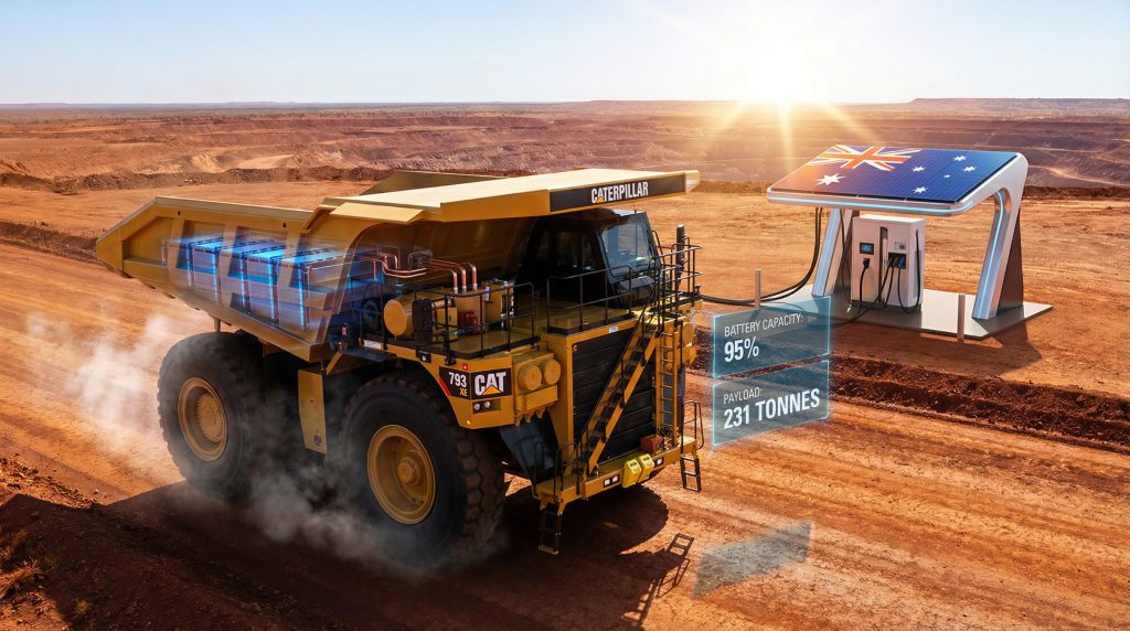 Cat battery-electric haul trucks charging in Pilbara.