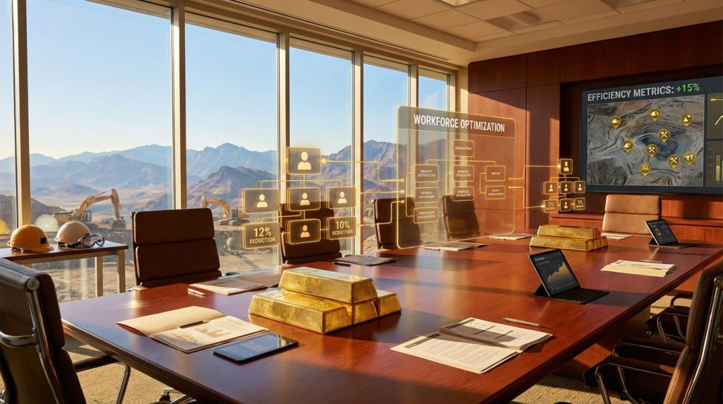 Boardroom discusses Newmont workforce reductions integration.