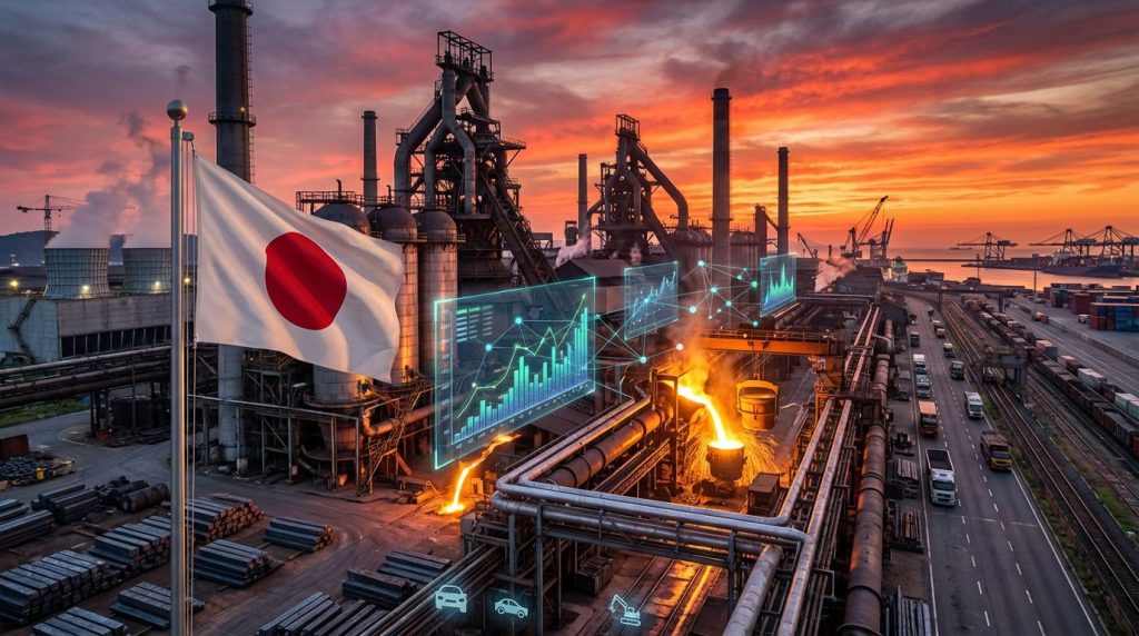 Japan Nippon Steel mill with fire.