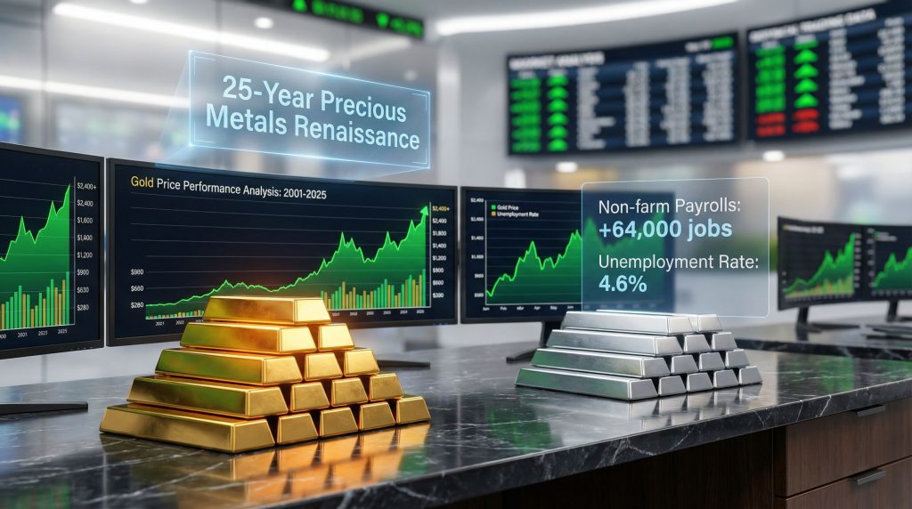 Gold and silver renaissance with market charts.