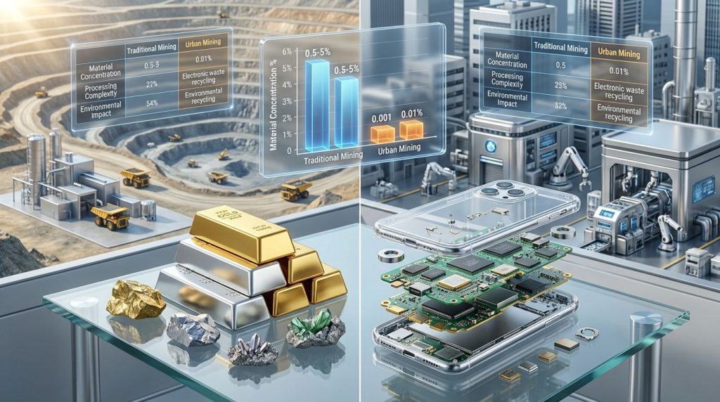 Comparing traditional mining and urban mining.