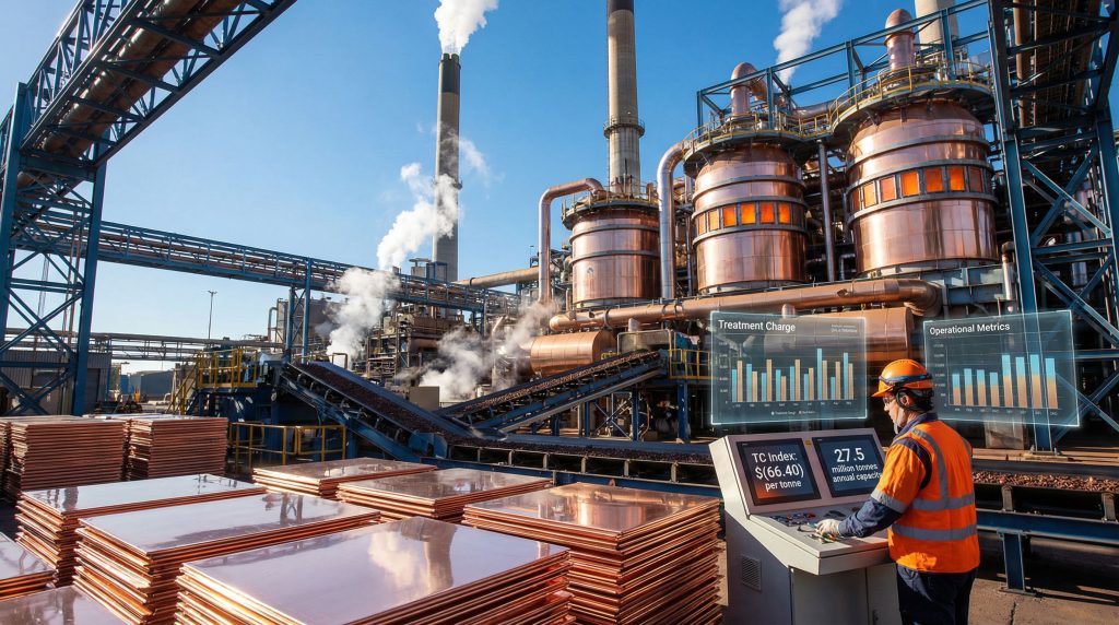 Industrial scene highlighting copper smelter supply challenges.