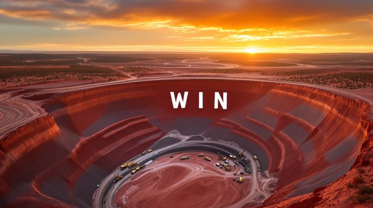 WIN Metals Ltd-WIN-Sunset over a vast, circular quarry.