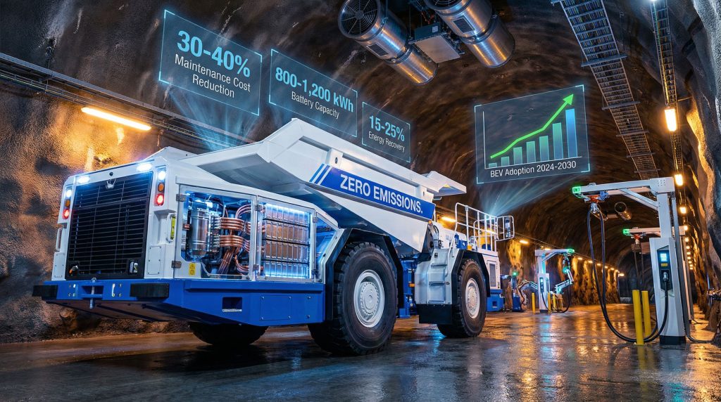 Zero-emissions battery-electric mining vehicles underground.