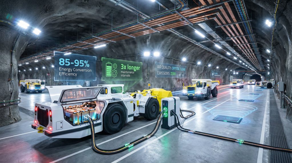 Underground mining vehicles with electrification technology.