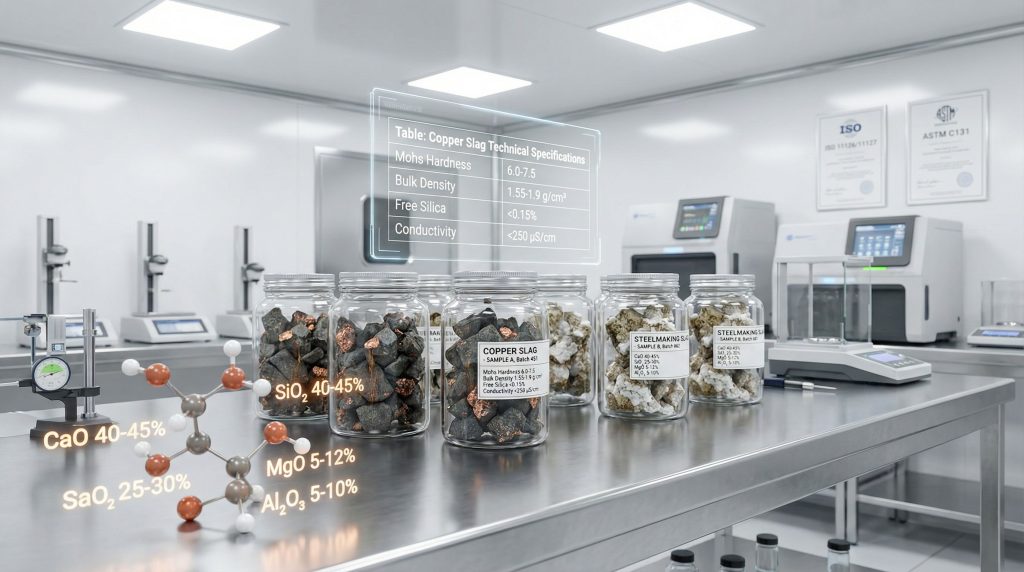Laboratory setup showcasing copper, steelmaking slag specifications.