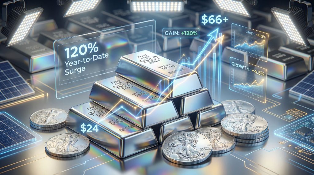 Silver price rally visualized with coins and bars.