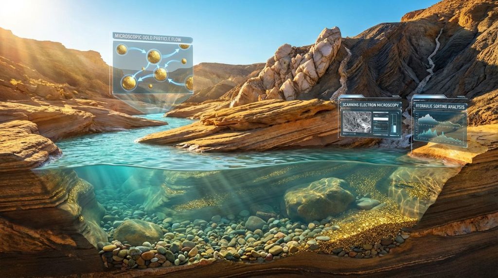 River landscape reveals microscopic gold particles.