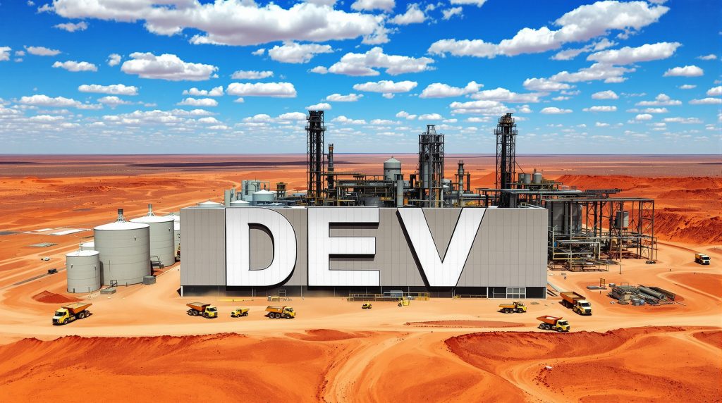 DEVEX Resources Ltd-DEV-Desert development facility with industrial buildings.