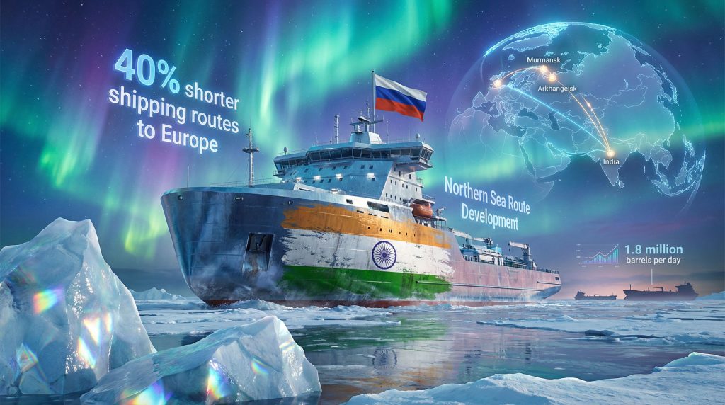 India and Russia Arctic partnership visualized with ship.
