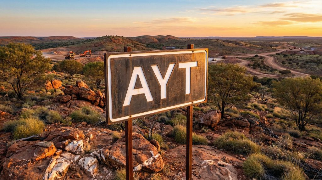 Austin Metals Ltd-AYT-AYT sign in rugged desert landscape.