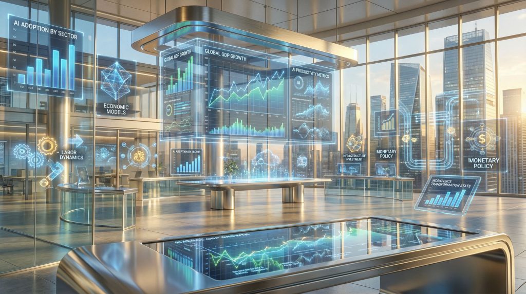 Futuristic office with AI-driven GDP growth challenges.