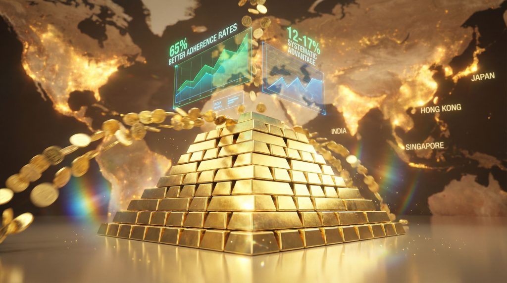 Pyramid of gold bars symbolizes gold accumulation plan.