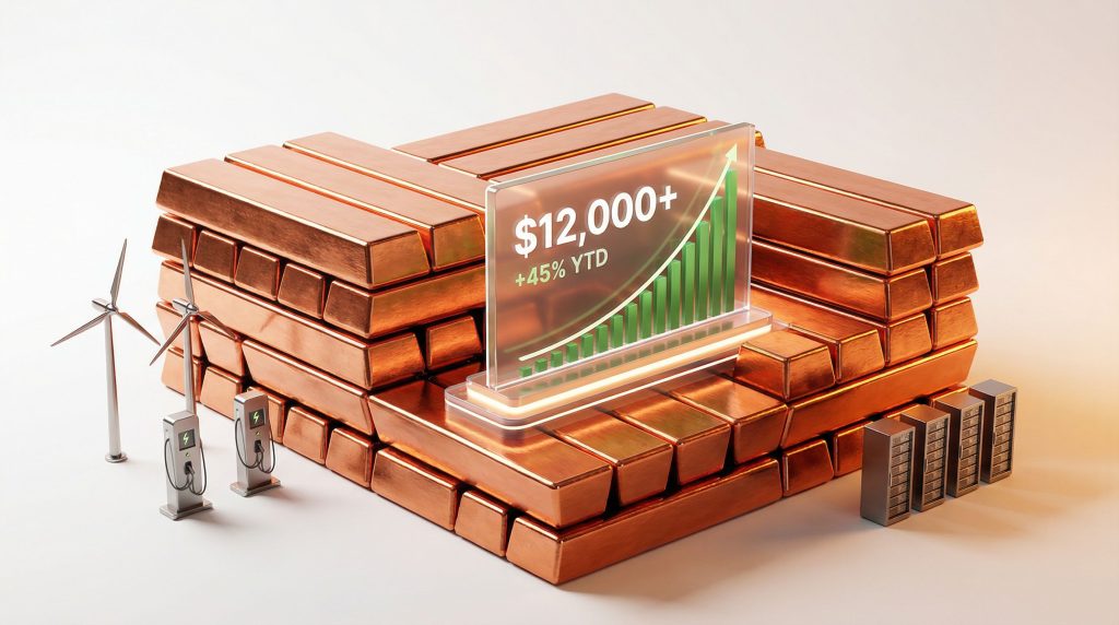 Copper prices above $12000 with rising graph.