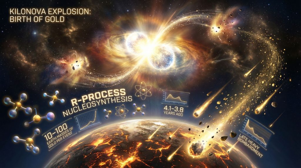 Kilonova explosion illustrating gold formation process.
