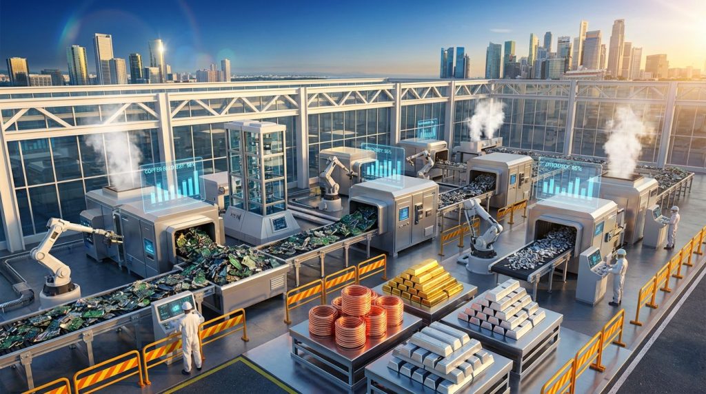 Futuristic urban mining facility with robots.