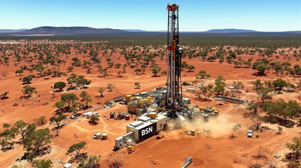 Basin Energy Ltd-BSN-BSN drilling rig in arid landscape.